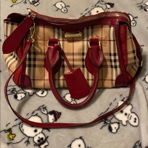 Burberry haymarket check tote crossbody red brown